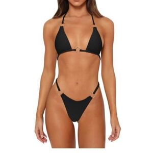 Chic Black Bikini with Triangle Top and High-Cut Bottom, New, Size L